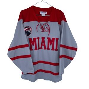 Athletic Knit Miami Ohio Redhawks NCHC Hockey Jersey Grey Red Lace Up Mens Small